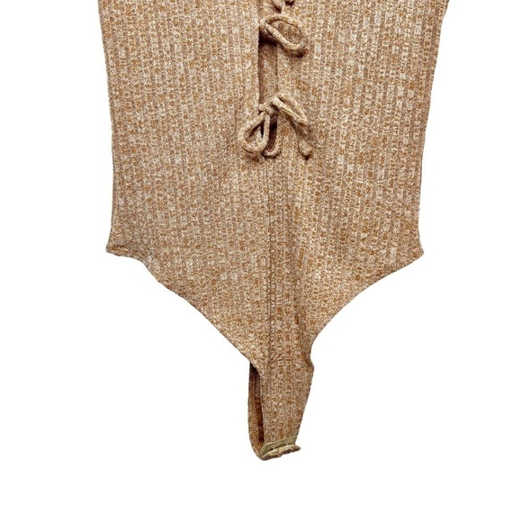 Privacy Please Tan Tie Front Women’s Cutout Thong Ribbed Bodysuit Sz S - Picture 5 of 11